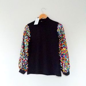 Sequin Black Sweater, Mock Neck, Long Sleeve Rainbow sz M, LG, XL